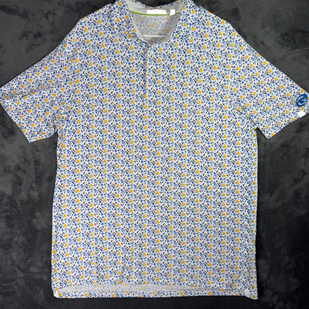 Mens Large Performance Polo Shirt White Floral Excellent Short Sleeve Golf